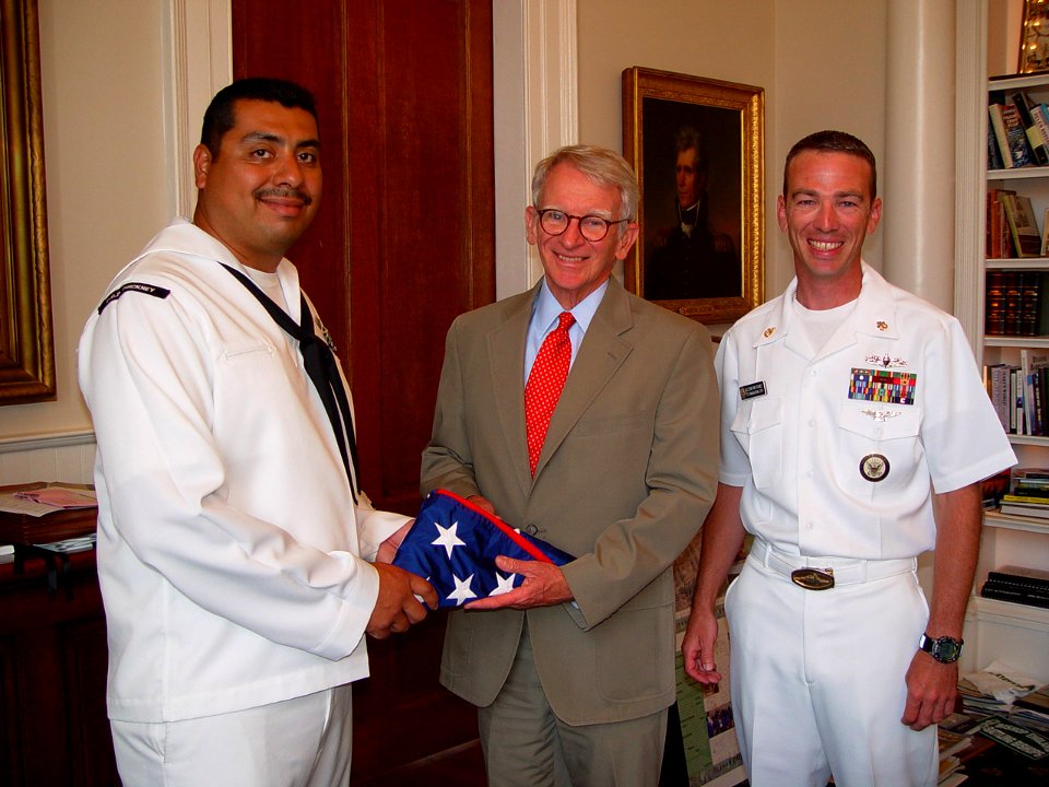 US Navy 100414-N-2888Q-034 Sailors present Charleston Mayor Joseph P. Riley, Jr. with a flag that was flown aboard Pickney