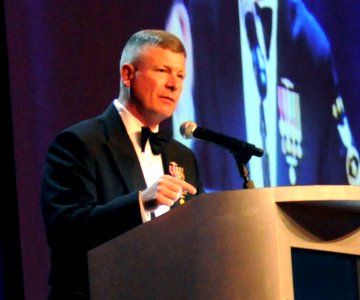 US Navy 100410-N-9818V-782 Master Chief Petty Officer of the Navy (MCPON) Rick West delivers remarks at the 110th Submarine Birthday Ball at the MGM Grand (cropped)
