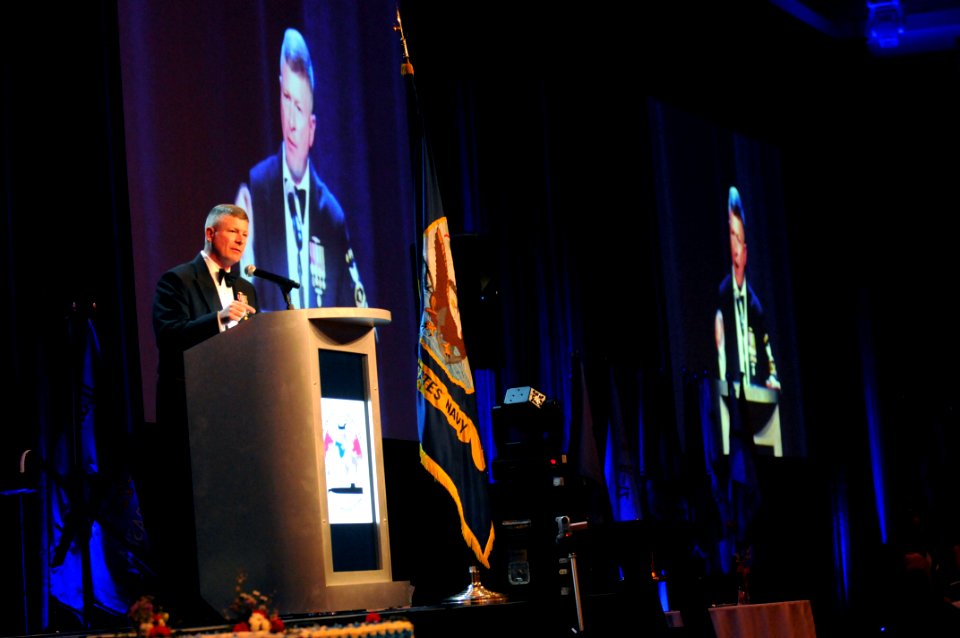 US Navy 100410-N-9818V-782 Master Chief Petty Officer of the Navy (MCPON) Rick West delivers remarks at the 110th Submarine Birthday Ball at the MGM Grand