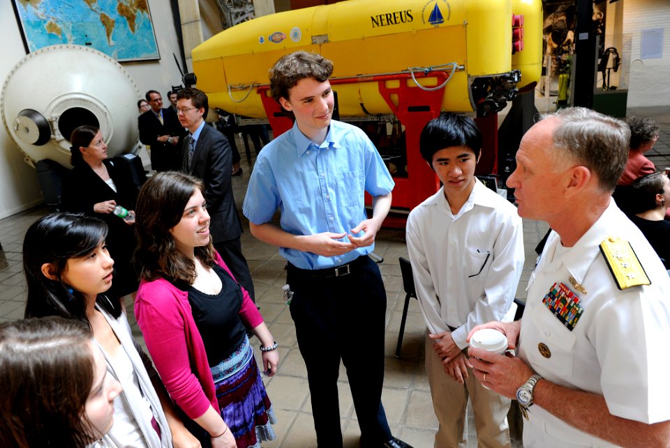 US Navy 100415-N-7676W-175 Rear Adm. Nevin Carr, Chief of Naval Research, discusses undersea science and technology with students from Wilson High School