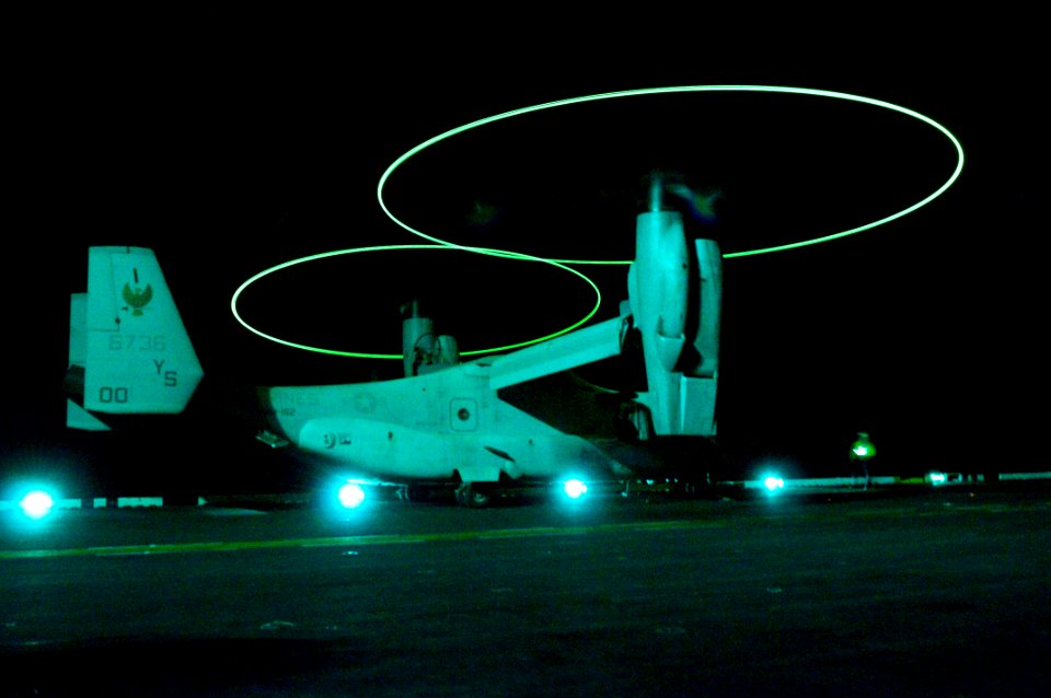 US Navy 100414-N-2735T-025 An MV-22B Osprey assigned to Marine Medium Tiltrotor Squadron (VMM) 162 prepares to take off from the amphibious assault ship USS Nassau (LHA 4)