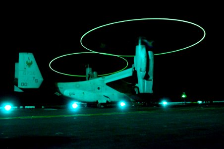 US Navy 100414-N-2735T-025 An MV-22B Osprey assigned to Marine Medium Tiltrotor Squadron (VMM) 162 prepares to take off from the amphibious assault ship USS Nassau (LHA 4)