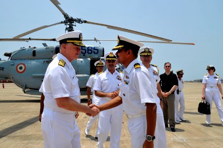 US Navy 100414-N-8273J-169 Chief of Naval Operations (CNO) Adm. Gary Roughead thanks senior leaders of the Indian Navy while visiting with Sailors at INS Hansa in Goa, India