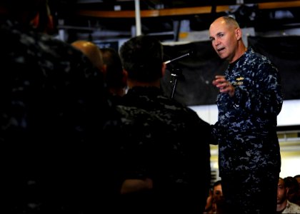 US Navy 100420-N-7948R-090 Vice Adm. Richard H. Hunt, commander of U.S. 3rd Fleet, speaks to Sailors and Marines during an all-hands call aboard the amphibious assault ship USS Peleliu (LHA 5)