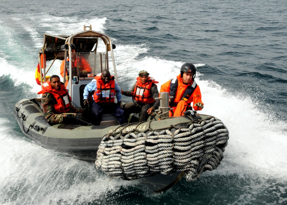 US Navy 100421-N-6676S-015 A rigid-hull inflatable boat from the Spanish navy Servola-class offshore patrol vessel SPS Centinela (P 72), carries African sailors during a basic boarding officer course