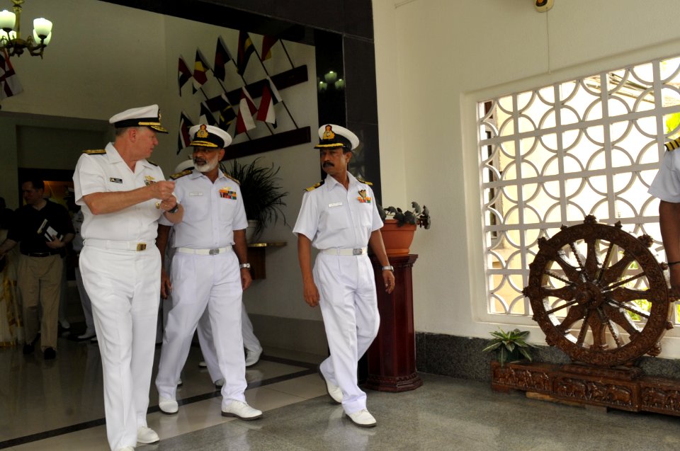 US Navy 100415-N-8273J-101 Chief of Naval Operations (CNO) Adm. Gary Roughead, left, speaks with Indian navy Vice Adm. K.N. Sushil