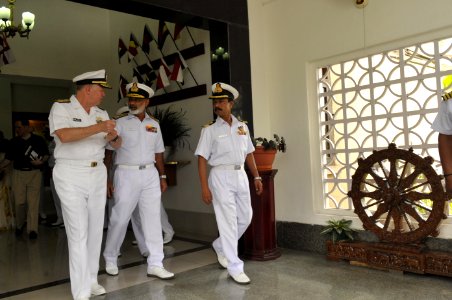 US Navy 100415-N-8273J-101 Chief of Naval Operations (CNO) Adm. Gary Roughead, left, speaks with Indian navy Vice Adm. K.N. Sushil photo