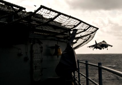 US Navy 100421-N-7948R-040 An AV-8B Harrier launches from the flight deck of the amphibious assault ship USS Peleliu (LHA 5)