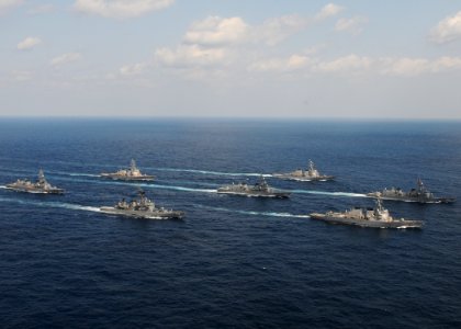 US Navy 100418-N-3215T-185 Ships from Destroyer Squadron (DESRON) 15 and the Japan Maritime Self-Defense Force (JMSDF) Escort Flotilla One are underway in formation during a passing exercise