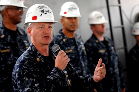 US Navy 100422-N-9818V-092 Master Chief Petty Officer of the Navy (MCPON) Rick West holds an all-hands call with the crew of the guided-missile cruiser USS Monterey (CG 61)