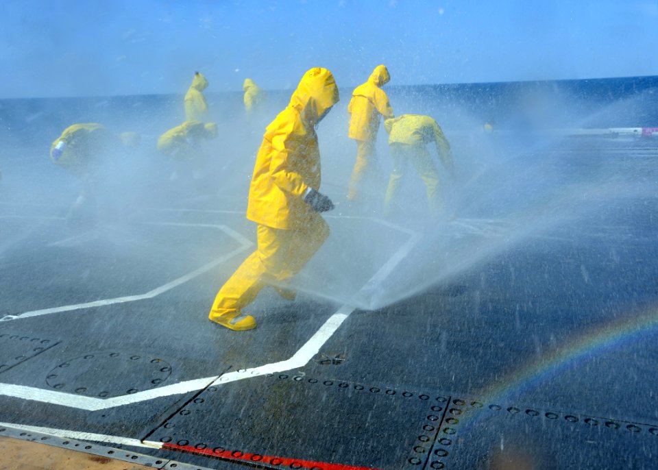 US Navy 100418-N-4516G-079 Air department Sailors test the sprinkler system on the flight deck of the aircraft carrier USS Enterprise (CVN 65) during sea trials