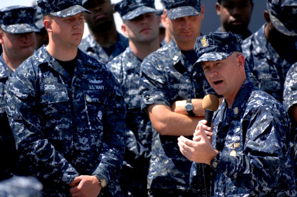 US Navy 100422-N-9818V-319 Master Chief Petty Officer of the Navy (MCPON) Rick West holds an all-hands call with the crew of the guided-missile destroyer USS James E. Williams (DDG 95)