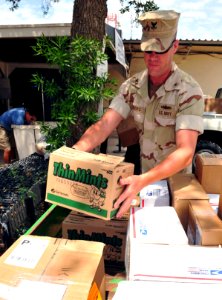 US Navy 100422-N-7526R-013 Electronics Technician 2nd Class Erik Wiberg places a box of Thin Mint Girl Scout cookies with other parcels during mail call at Camp Lemonnier, Djibouti