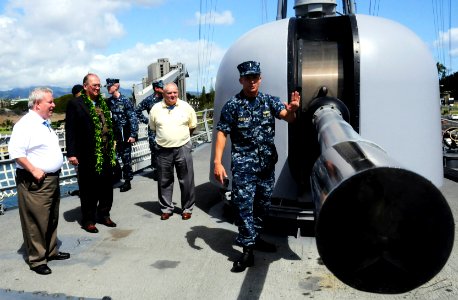 US Navy 100426-N-7498L-144 Ensign Ray Miller IV gives a tour to Medal of Honor recipients aboard USS Crommelin (FFG 37)