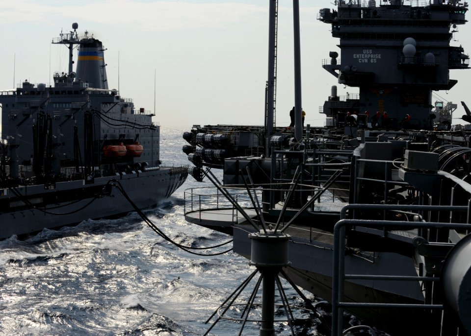US Navy 100423-N-4516G-175 USS Enterprise (CVN 65) cruises alongside USNS Big Horn (T-AO 198) during a replenishment at sea