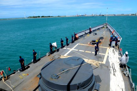 US Navy 100421-N-9301W-336 Sailors man the rails as the guided-missile frigate USS Klakring (FFG 42) arrives at Fortaleza, Brazil for a port visit. Klakring is on a six-month deployment to Latin America and the Caribbean as par