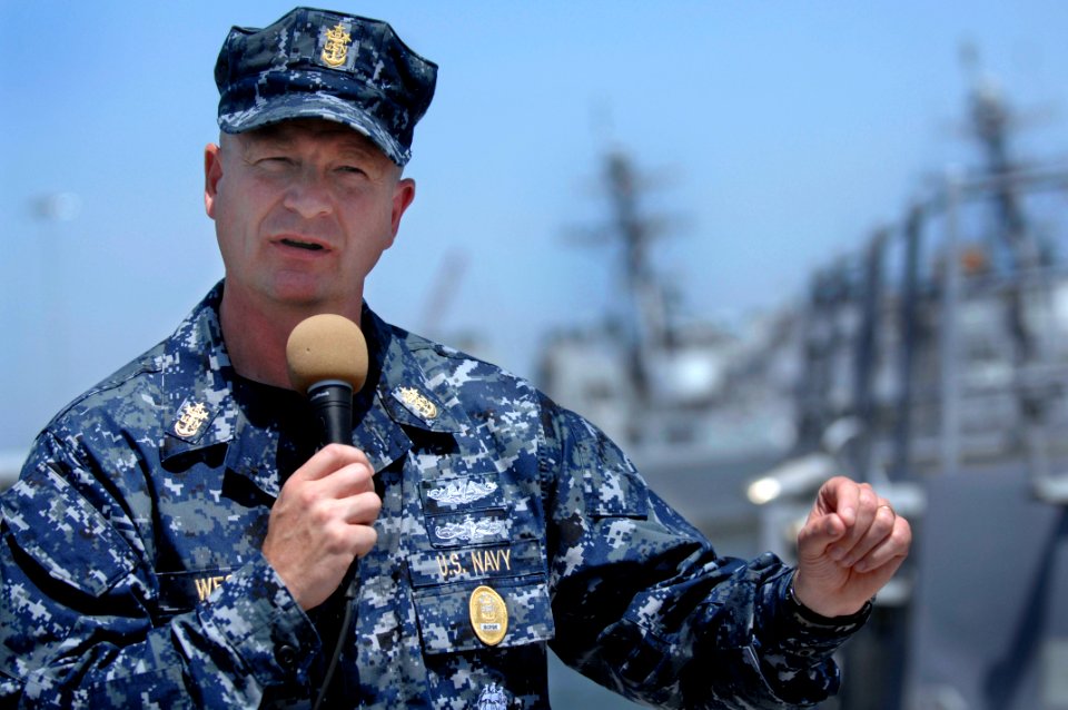 US Navy 100422-N-9818V-278 Master Chief Petty Officer of the Navy (MCPON) Rick West holds an all-hands call with the crew of the guided-missile destroyer USS James E. Williams (DDG 95)
