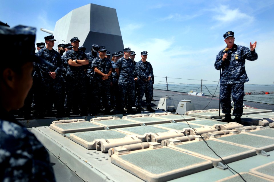US Navy 100422-N-9818V-235 Master Chief Petty Officer of the Navy (MCPON) Rick West holds an all-hands call with the crew of the guided-missile destroyer USS James E. Williams (DDG 95)