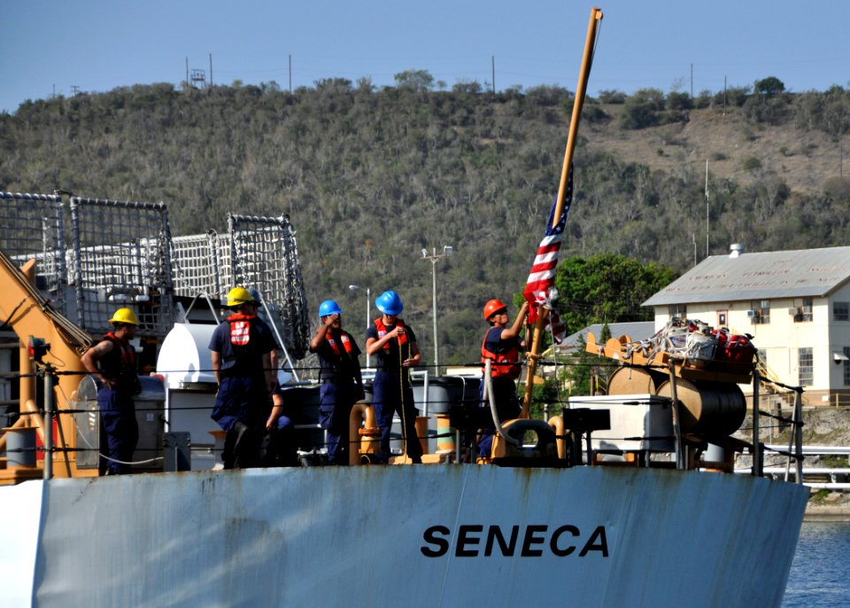 US Navy 100429-N-8241M-053 Coastguardsmen assigned to U. S. Coast Guard Medium Endurance class cutter USCGC Seneca (WMEC-906) shift colors as the ship gets underway from the Naval Station Guantanamo Bay
