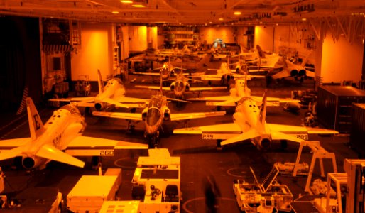 US Navy 100425-N-9116S-029 Aircraft are secured in the hangar bay of the aircraft carrier USS George H.W. Bush (CVN 77) as a storm approaches