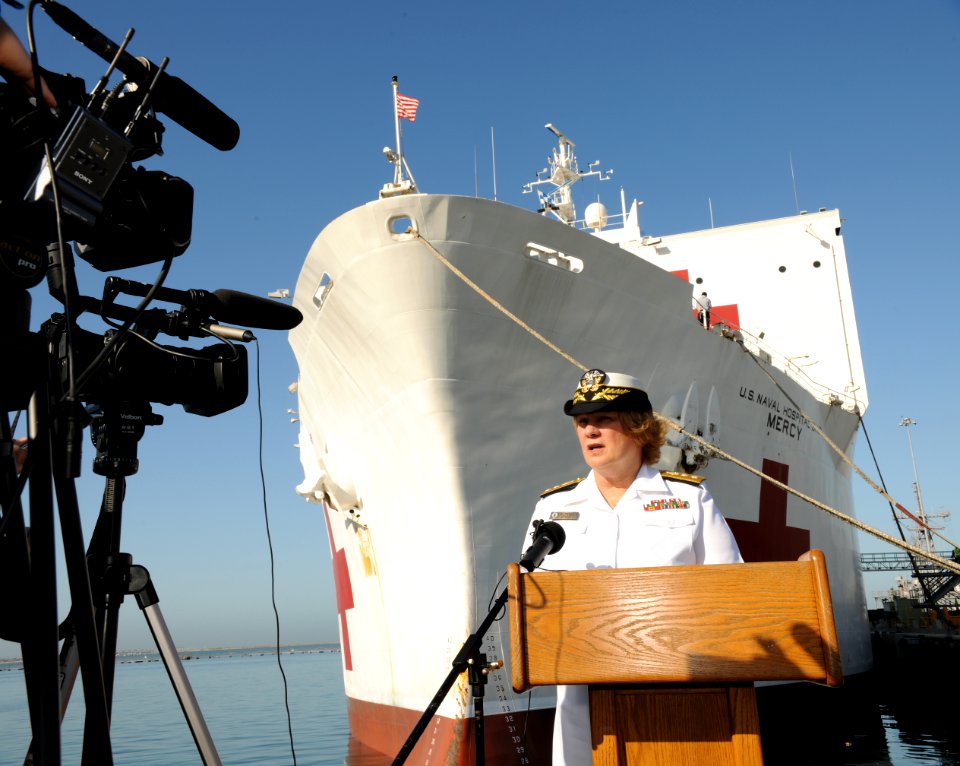 US Navy 100501-N-6326B-048 Rear Adm. Christine M. Bruzek-Kohler addresses local media before the departure of the Military Sealift Command hospital ship USNS Mercy (T-AH 19)