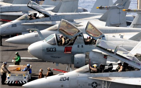 US Navy 100502-N-4236E-052 Pilots prepare for flight operations aboard the Nimitz-class aircraft carrier USS Dwight D. Eisenhower (CVN 69). Eisenhower is on deployment