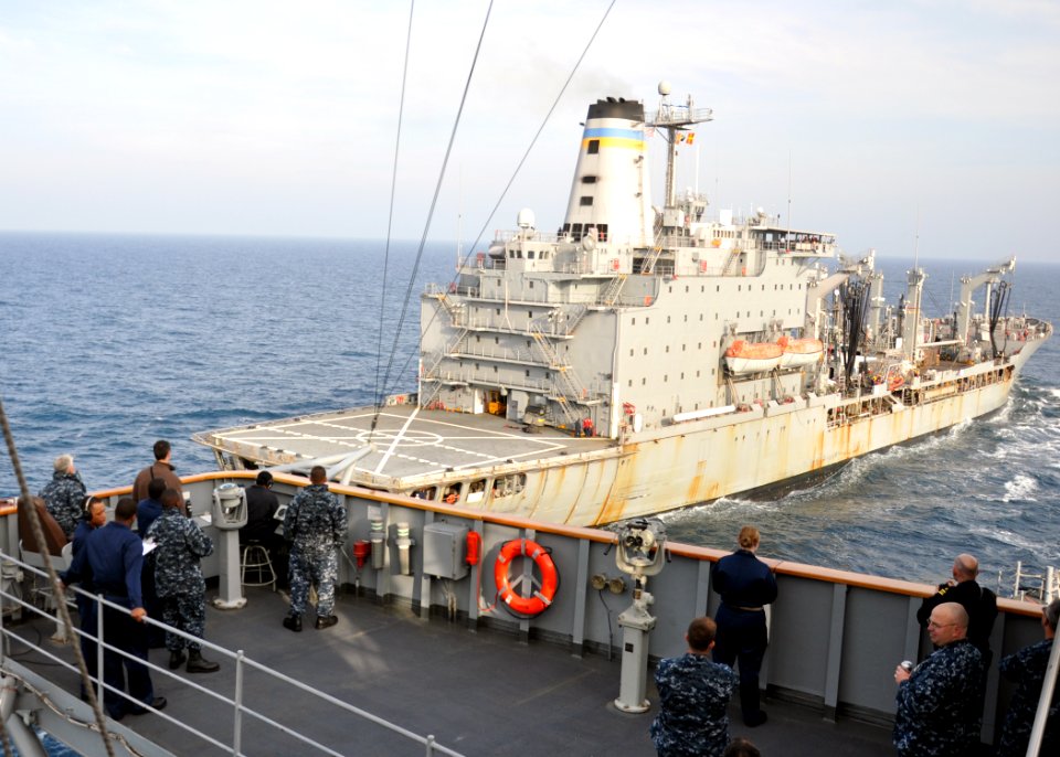 US Navy 100502-N-5483N-038 The amphibious command ship USS Mount Whitney (LCC-JCC 20) comes alongside the Military Sealift Command fleet replenishment oiler USNS Laramie (T-AO 203) for a replenishment at sea