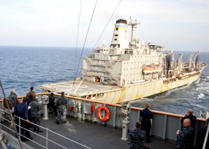 US Navy 100502-N-5483N-038 The amphibious command ship USS Mount Whitney (LCC-JCC 20) comes alongside the Military Sealift Command fleet replenishment oiler USNS Laramie (T-AO 203) for a replenishment at sea