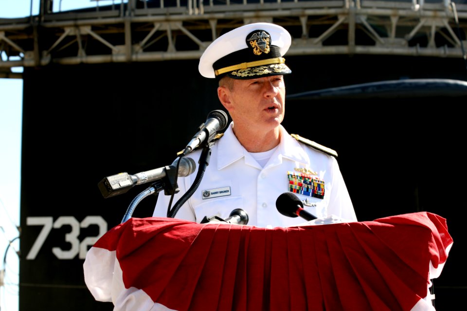 US Navy 100429-N-1841C-078 Rear Adm. Barry Bruner speaks during a news conference to announce the change in Navy policy that will allow female officers to serve on submarines at Naval Submarine Base Kings Bay, Ga