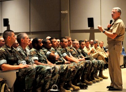 US Navy 100504-N-7367K-003 Chief of Naval Operations (CNO) Adm. Gary Roughead speaks to Seabees assigned to Naval Construction Battalion Center, Gulfport before taking a tour of the base