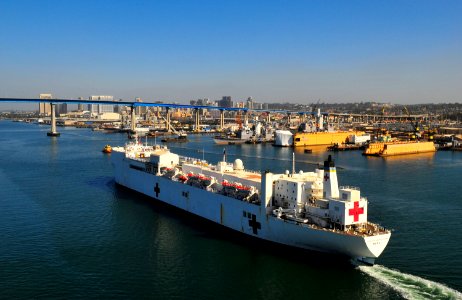US Navy 100501-N-6597H-001 The Military Sealift hospital ship USNS Mercy (T-AH 19) transits through the San Diego bay as she departs for her humanitarian deployment Pacific Partnership 2010 photo