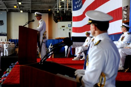 US Navy 100506-N-5082P-136 Capt. O.P. Honors Jr. speaks to the crew and guests during a change of command ceremony aboard USS Enterprise (CVN 65)