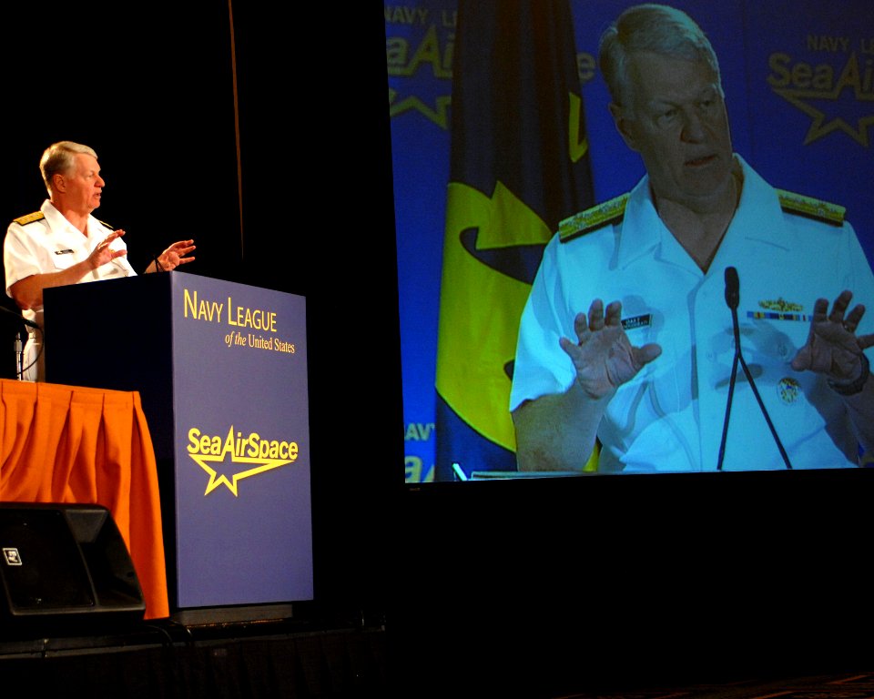 US Navy 100503-N-3548M-099 Chief of Naval Operations Adm. Gary Roughead gives his remarks during the Service Chiefs' Panel at the Navy League Sea Air Space 2010 Exposition