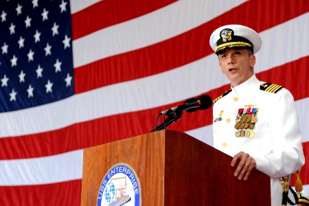US Navy 100506-N-5082P-055 Capt. Ron Horton speaks to the crew and guests during a change of command ceremony aboard USS Enterprise (CVN 65)