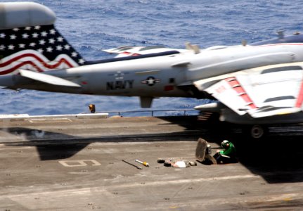 US Navy 100504-N-4236E-130 An EA-6B Prowler assigned to the Patriots of Electronic Attack Squadron (VAQ) 140 launches from the waist catapult of the aircraft carrier USS Dwight D. Eisenhower (CVN 69)