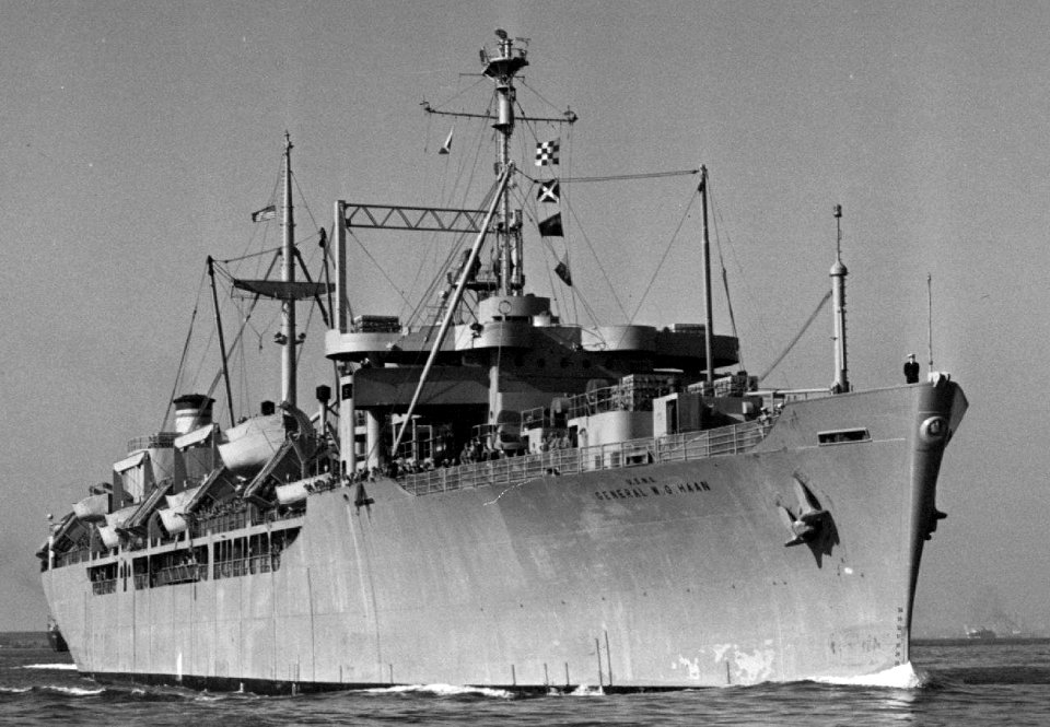 USNS General W. G. Haan (T-AP-158) underway, in the 1950s
