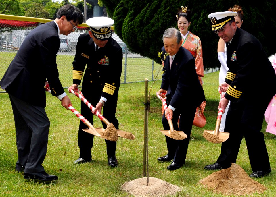 US Navy 100508-N-5538K-060 Akira Kojima, left, from the Nagasaki Prefecture Promotion Bureau, Japan Maritime Self-Defense Force Vice Adm. Koji Kato, Kazuhiko Maeda, from the Sakura Association of Sasebo