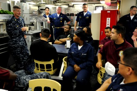 US Navy 100505-N-9818V-596 Master Chief Petty Officer of the Navy (MCPON) Rick West meets with Sailors aboard USS Wayne E. Meyer (DDG 108)