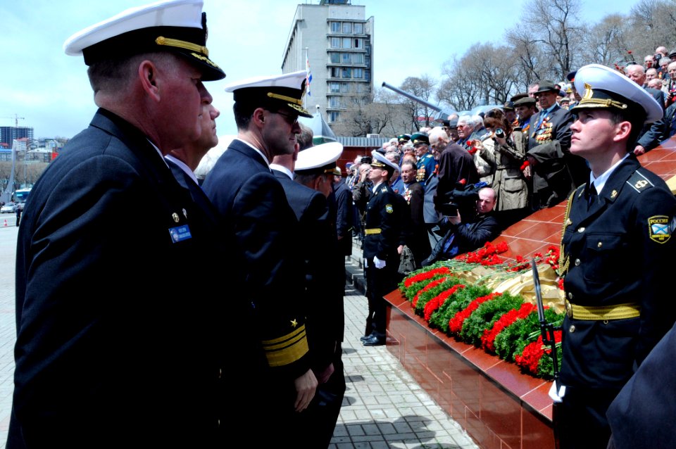 US Navy 100508-N-7478G-149 Vice Adm. John M. Bird, center, commander of U.S. 7th Fleet, and Capt. Rudy Lupton, left, commanding officer of the U.S. 7th Fleet command ship USS Blue Ridge (LCC 19)