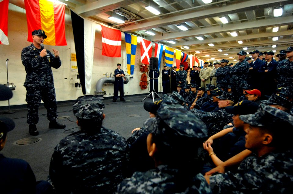 US Navy 100505-N-9818V-428 Master Chief Petty Officer of the Navy (MCPON) Rick West answers questions during an all hands call aboard USS Green Bay (LPD 20)