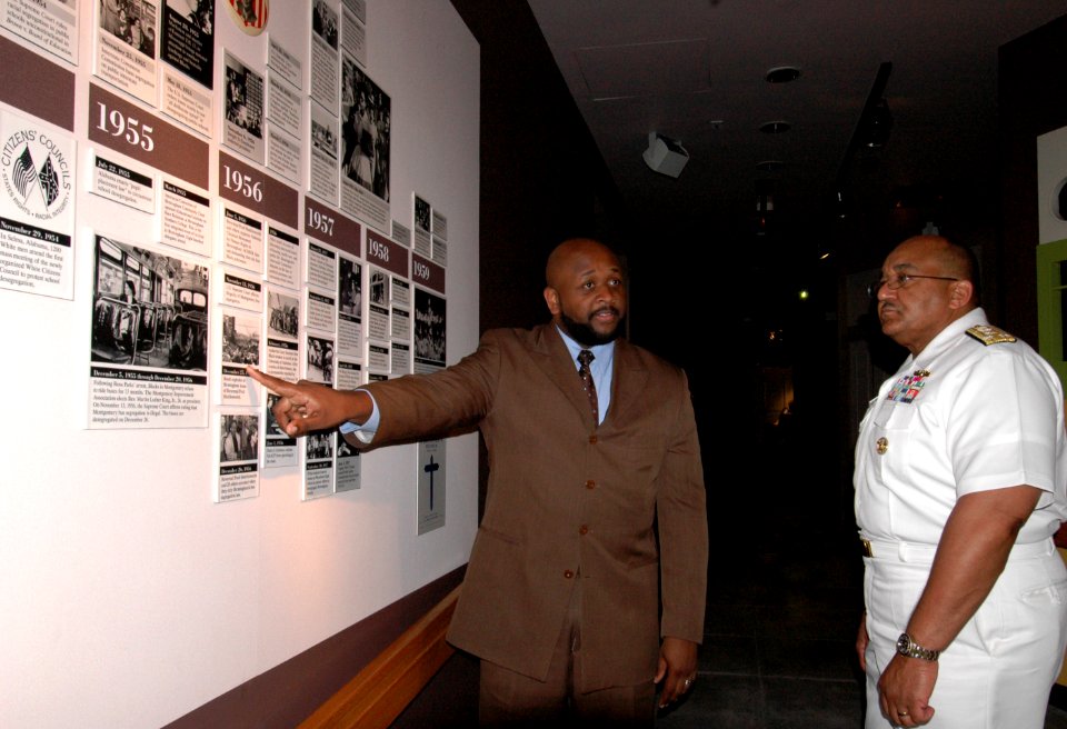 US Navy 100506-N-8497H-053 Ahmad Ward, Head of Education at Birmingham Civil Rights Institute, talks to Vice Adm. Adam M. Robinson Jr