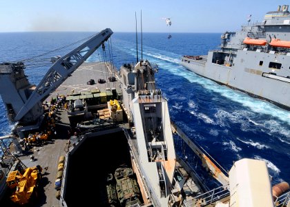 US Navy 100509-N-1082Z-060 An SA-330J Puma helicopter assigned to the Military Sealift Command dry cargo and ammunition ship USNS Robert E. Peary (T-AKE 5) carries cargo to the amphibious dock landing ship USS Ashland (LSD 48)