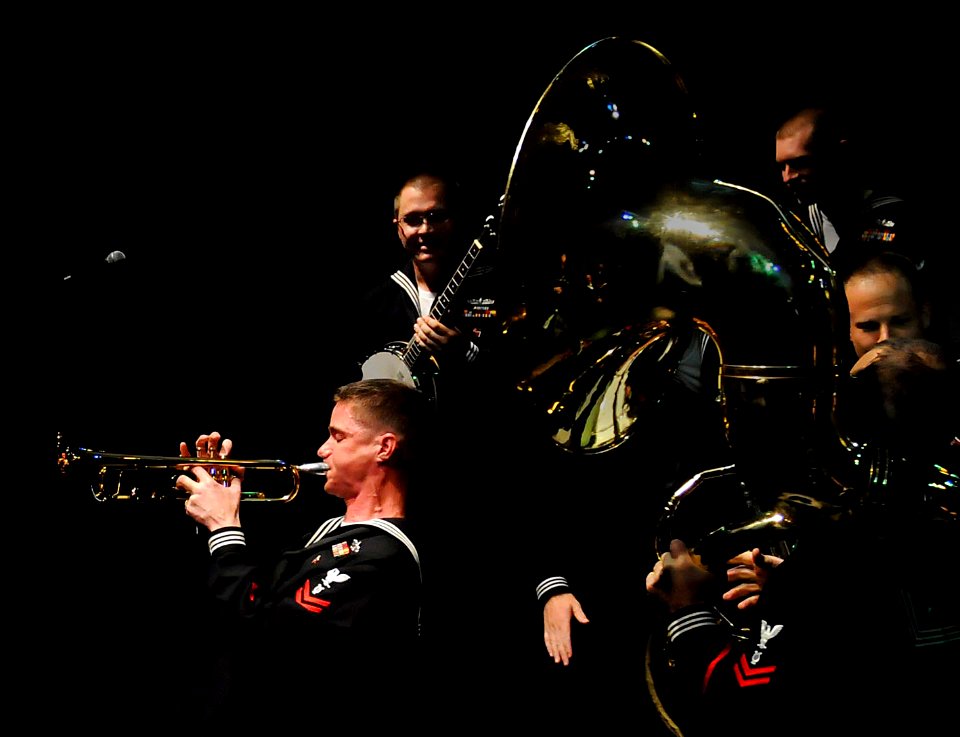 US Navy 100509-N-5716H-492 usician 2nd Class Collin Reichow holds a long note during a combined performance with members of the Pacific Brass Orchestra, a Russian military ensemble, in Vladivostok, Russia