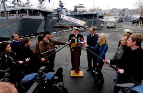 US Navy 100507-N-7280V-343 Capt. Rudy Lupton greets reporters pierside during a press availability event with the local media as Blue Ridge arrives in Vladivostok, Russia