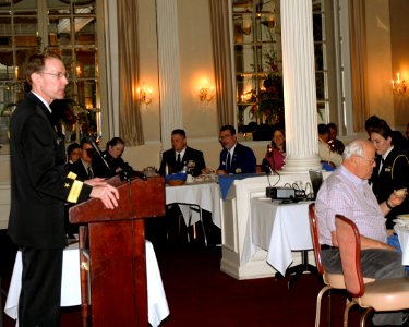US Navy 100511-N-0869H-181 Rear Adm. James A. Symonds, commander of Navy Region Northwest, speaks to the Downtown Spokane Kiwanis Club about today's Navy during a Spokane Navy Week event photo
