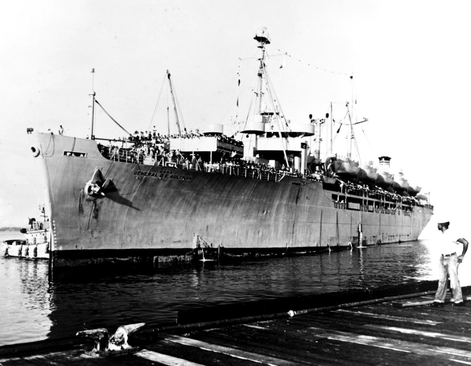 USNS General D.E. Aultman (T-AP-156) arrives at Naval Station Subic Bay, Philippines, on 2 October 1951 (80-G-437387)