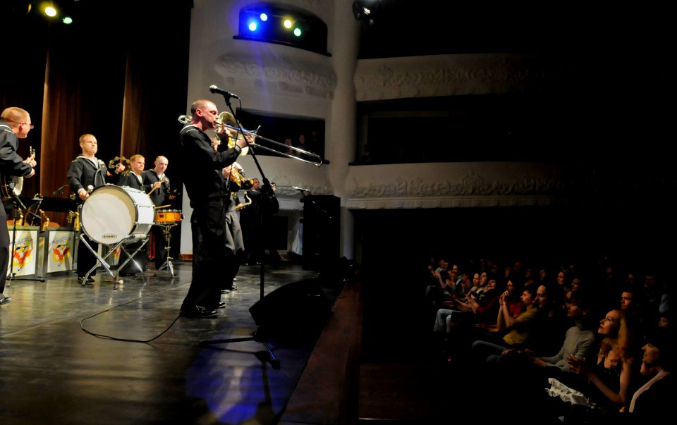 US Navy 100509-N-7280V-989 Musician 2nd Class Travis Stanley performs New Orleans style jazz during a combined performance with the Pacific Brass Orchestra in Vladivostok, Russia