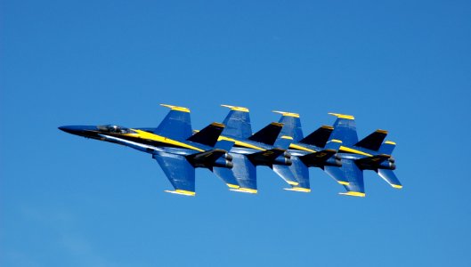US Navy 100508-N-8497H-120 the Blue Angels, performs a tactical maneuver high above the crowd at the Tuscaloosa Air Show during Birmingham Navy Week