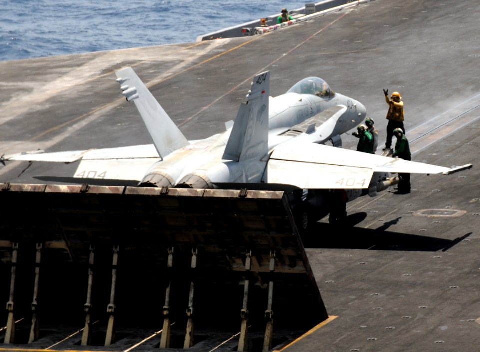 US Navy 100512-N-4236E-378 An F-A-18C Hornet assigned to the Wildcats of Strike Fighter Squadron (VFA) 131 prepares to launch from the aircraft carrier USS Dwight D. Eisenhower (CVN 69)