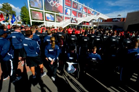 US Navy 100510-N-6932B-169 Athletes competing in the inaugural Warrior Games at the Olympic Training Center in Colorado Springs, Col. listen to a welcoming speech by Colorado Gov. Bill Ritter